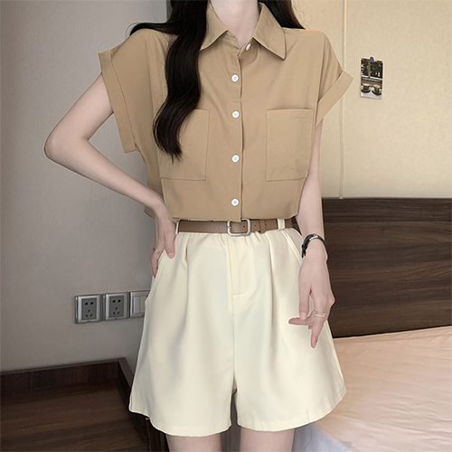 투포켓 카라 블라우스&핀턱 5부 팬츠&벨트 3SET