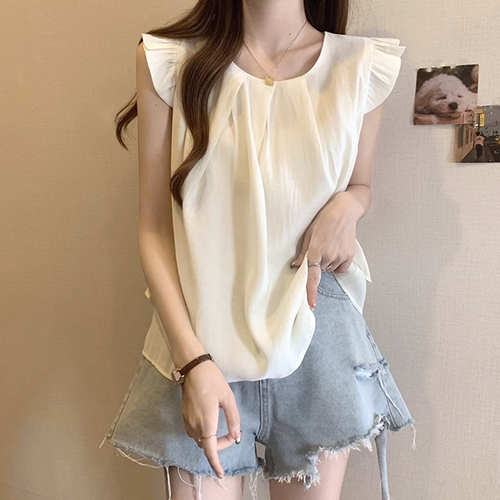 프릴 라운드 핀턱 민소매 블라우스