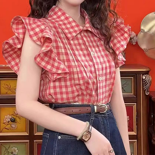 빅프릴 체크 카라 블라우스