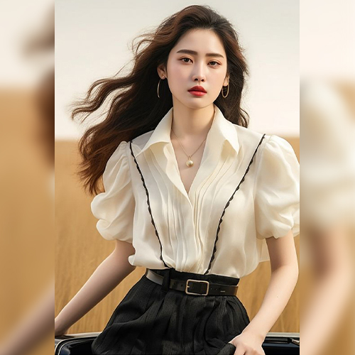 ◈[당일발송] 세련된 오픈카라 핀턱 퍼프 블라우스