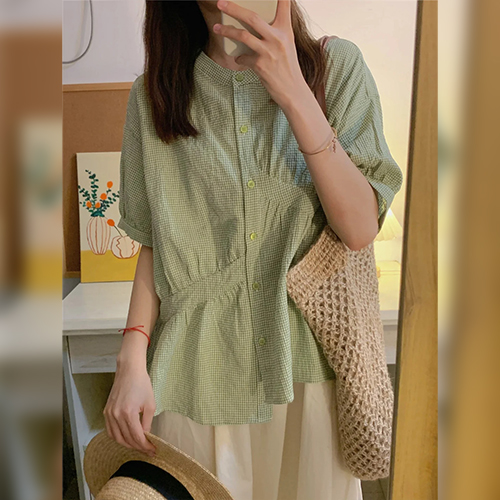 [당일발송] 그린 체크 언발 블라우스