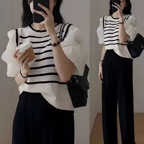 [당일발송]단아한 벌룬 스트라이프 블라우스&롱 슬랙스 2SET