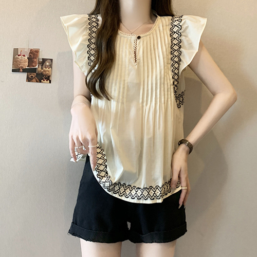 ◈[당일발송] 에스닉 핀턱 캡소매 블라우스