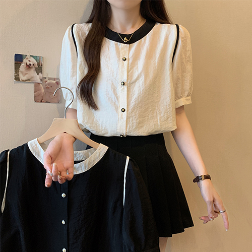 ◈[당일발송] 프렌치 배색 퍼프 블라우스