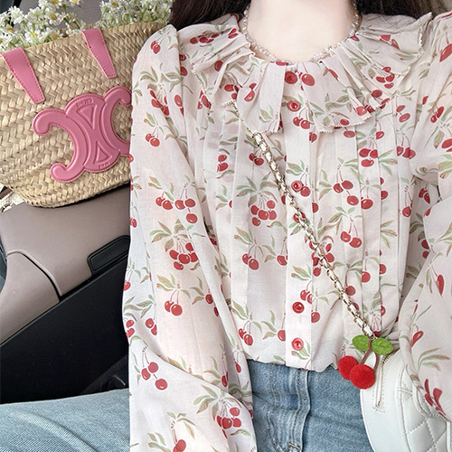 ◈[당일발송] 상큼 체리 프릴카라 블라우스