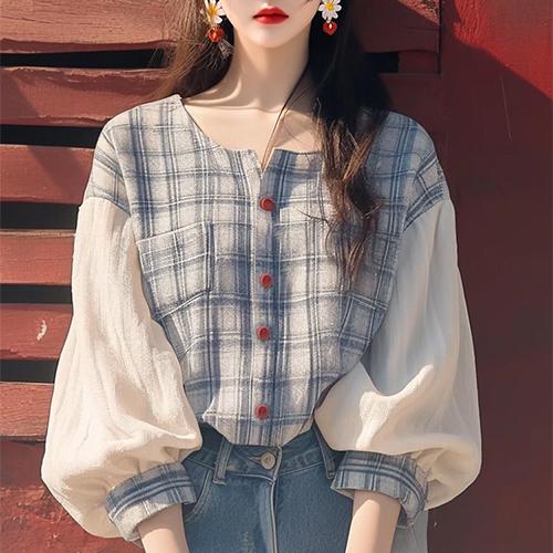 ◈[당일발송] 블루 체크 노카라 벌룬소매 블라우스
