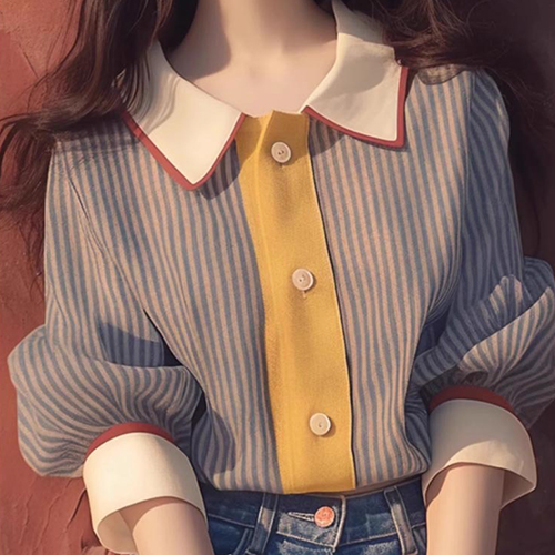레트로 배색 스트라이프 카라 블라우스