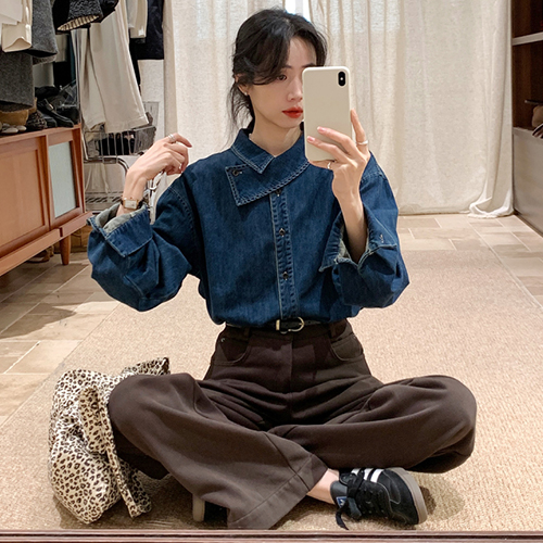 언발 카라 데님 셔츠