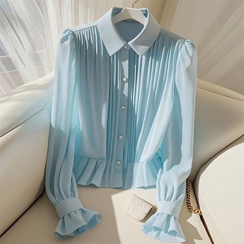우아한 블루 셔링 카라 블라우스