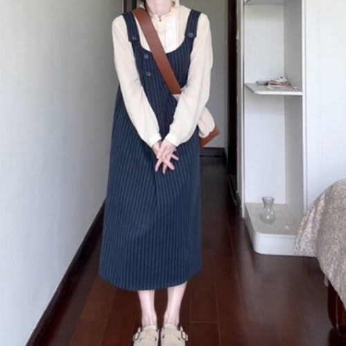 ◈[당일발송] 빈티지 프릴넥 블라우스&스트라이프 멜빵 원피스 2SET