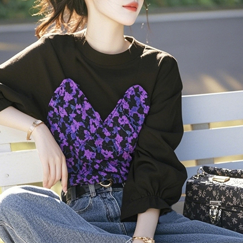 퍼플 플라워 퍼프소매 블라우스