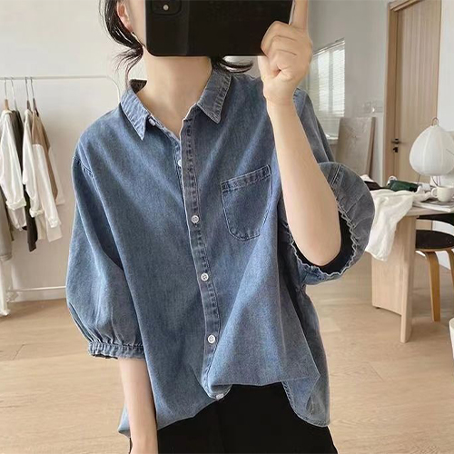 벌룬 5부소매 데님 블라우스