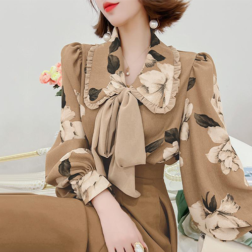 ◈[당일발송] 플라워 리본 카라 퍼프 블라우스