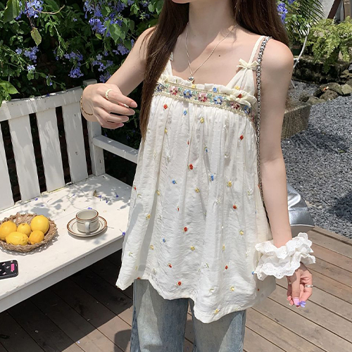 ◈[당일발송] A라인 자수 끈나시 블라우스