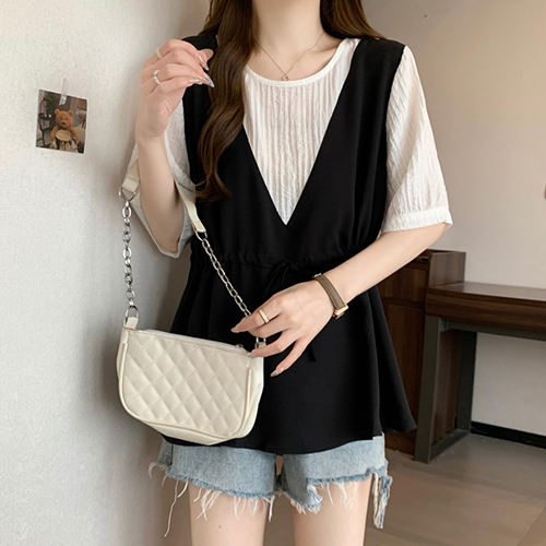 ◈[당일발송] 브이넥 레이어 반팔 블라우스