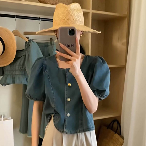 스퀘어 퍼프 데님 블라우스