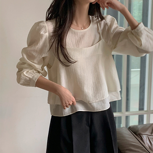 심플 크롭 끈나시&퍼프 블라우스 2SET