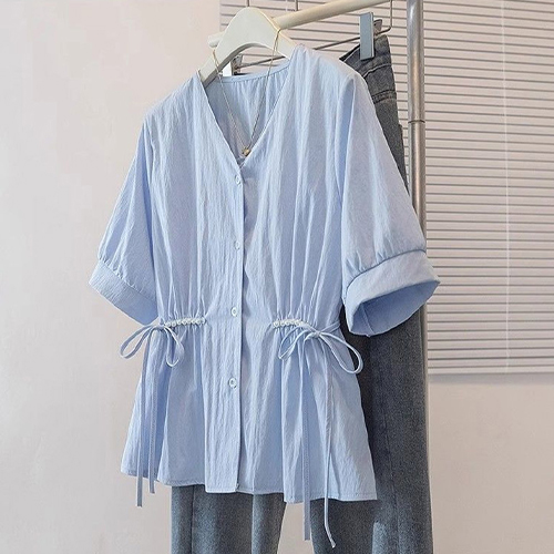 ◈[당일발송] 반팔 브이넥 진주 셔링 블라우스