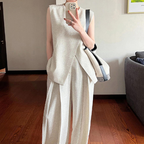 ◈[당일발송]  언발 민소매 블라우스&롱 핀턱 슬랙스 2SET