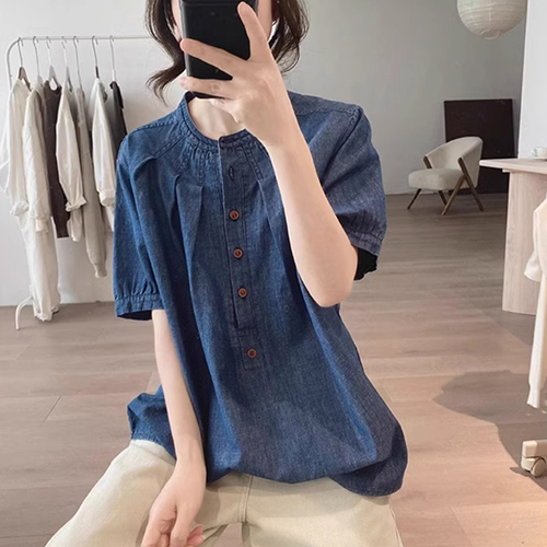 ◈[당일발송] 루즈핏 데님 핀턱 블라우스