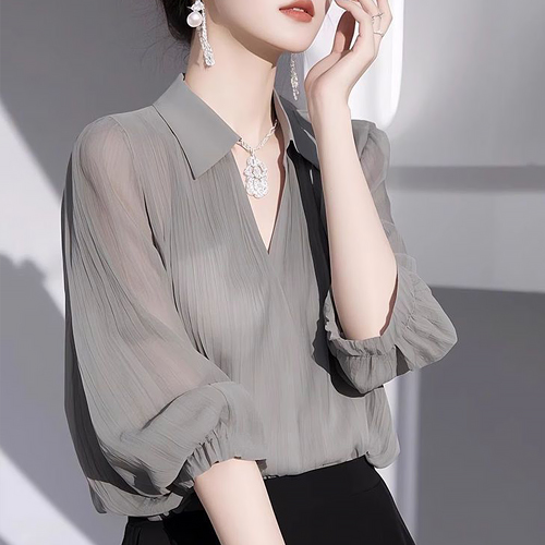 브이넥 카라 시스루 블라우스