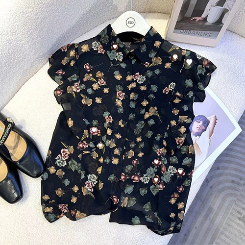 ◈[당일발송]  플라워 러플소매 카라 블라우스