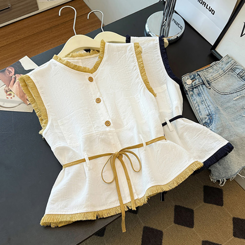  ◈[당일발송] 배색 테슬 버튼 민소매 블라우스