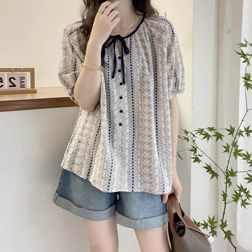 ◈[당일발송] 루즈핏 에스닉 패턴 리본 블라우스