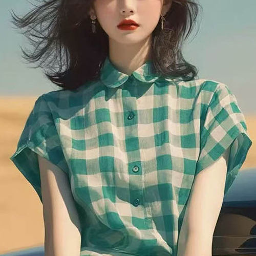 ◈[당일발송] 그린 깅엄 체크 블라우스