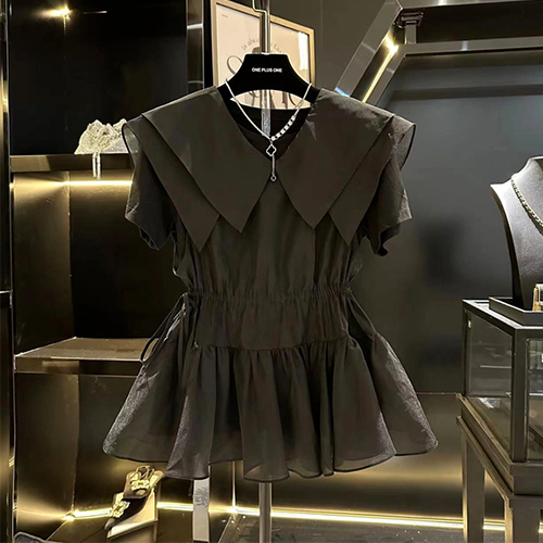 [당일발송]블랙 반팔티&더블 카라 쉬폰 블라우스 2SET