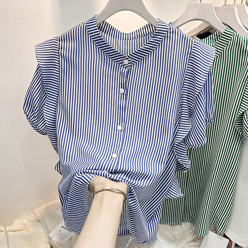 ◈[당일발송] .산뜻 스트라이프 프릴 블라우스
