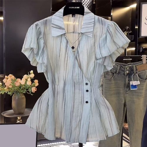 ◈[당일발송] 스트라이프 셔링 랩 블라우스