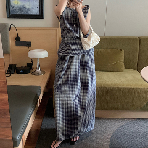 ◈[당일발송] 잔 체크 민소매&밴딩 롱 스커트 2SET