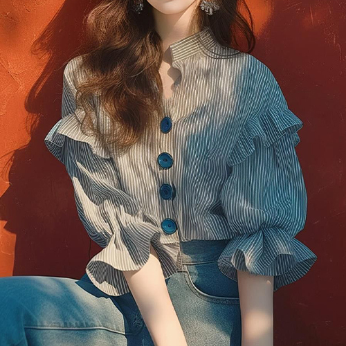 ◈[당일발송] 프릴 스트라이프 배색 버튼 블라우스