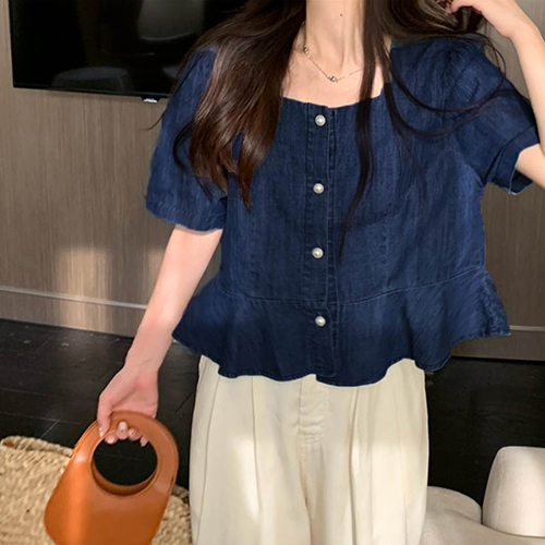 ◈[당일발송] 진주 버튼 프릴 데님 블라우스