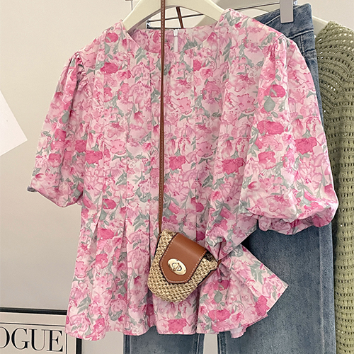 ◈[당일발송] 핑크 플라워 핀턱 퍼프 블라우스