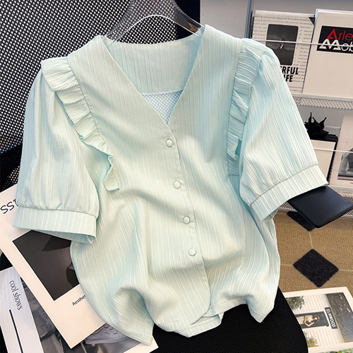 ◈[당일발송] 프릴 포인트 버튼 브이넥 블라우스