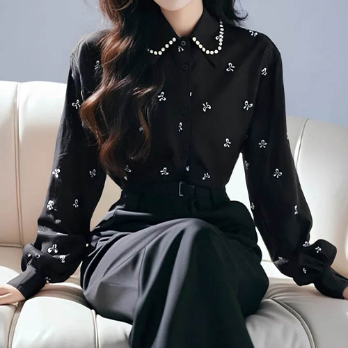 ◈[당일발송] 진주카라 리본 패턴 블라우스