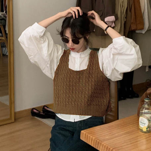 ◈[당일발송] ★수요특가 자정마감 50%★벌룬소매 블라우스&크롭 니트 베스트 2SET