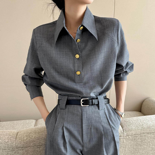 ◈[당일발송] 세련된 금장 카라 블라우스&벨티드 롱 슬랙스 2SET