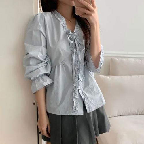 ◈[당일발송] 프릴 리본 절개라인 블라우스