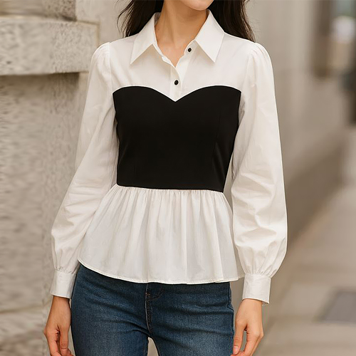 ◈[당일발송] 배색 셔츠 카라 밴딩 블라우스