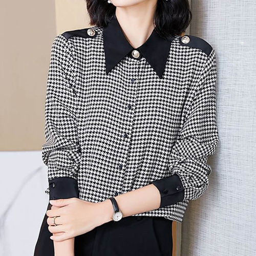 ◈[당일발송] 하운드체크 배색 카라 블라우스