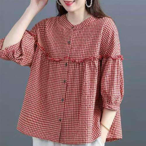 ◈[당일발송] 프릴 라인 체크 블라우스