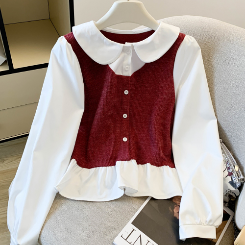 ◈[당일발송] 배색 라운드 카라 니트 블라우스