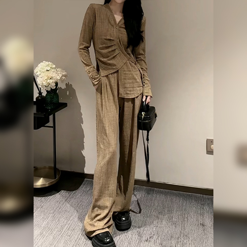 브이넥 언발 블라우스&일자핏 슬랙스 2SET