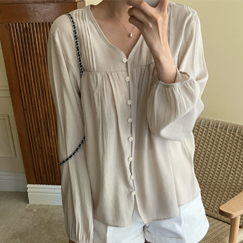 ◈[당일발송] 여유핏 핀턱 볼륨 소매 블라우스