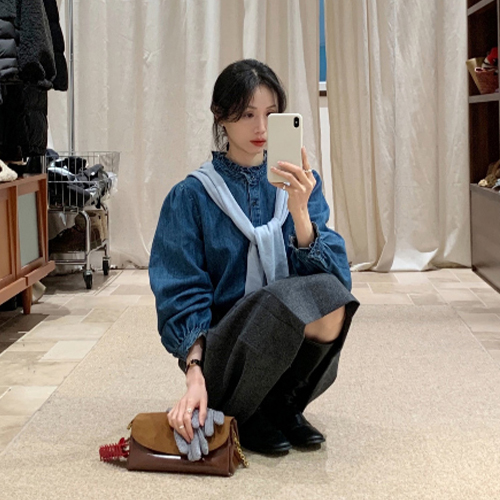 빈티지 프릴 데님 블라우스