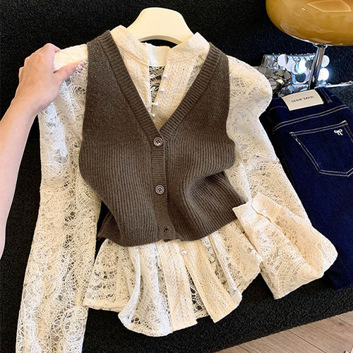 ◈[당일발송] 레이스 블라우스 니트 뷔스티에 세트