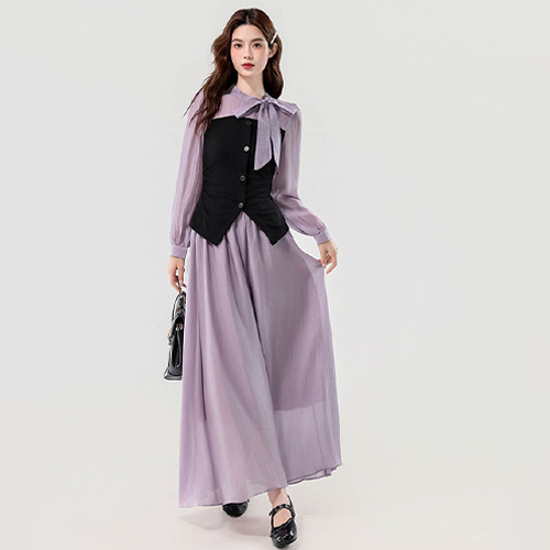 ◈[당일발송] 페미닌 쉬폰 리본넥 블라우스&스커트 SET